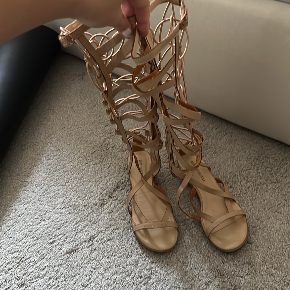 Beige Lace Up Gladiator Sandals